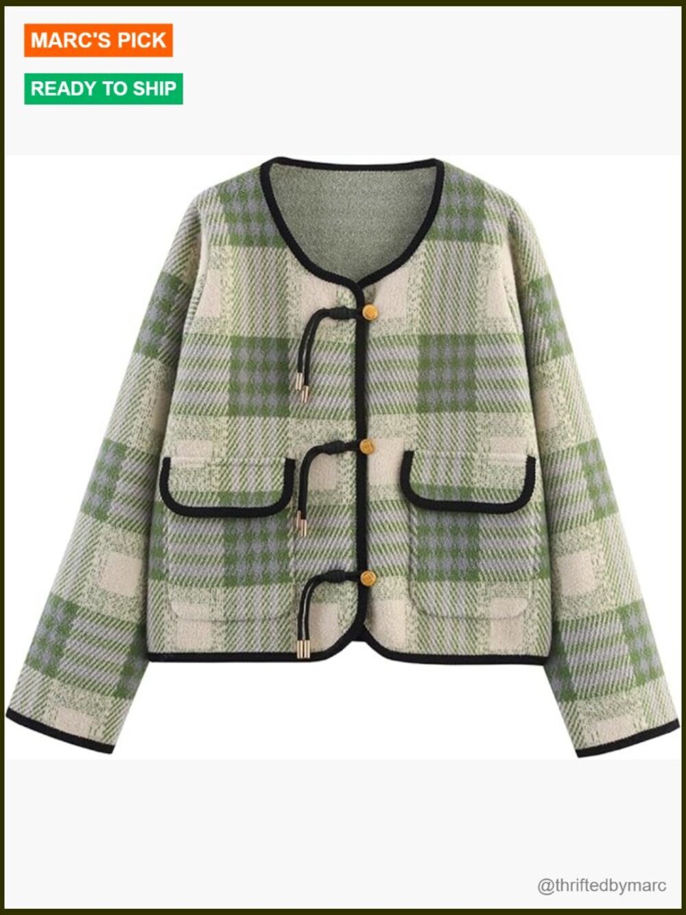 Vintage Plaid Button Down Cardigan Sweater Long Sleeve Knit Coat with Pockets